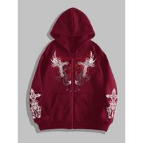 Dark Gothic Cross Zip-Up Hoodie Men Women Full Sleeve Thorn Print Loose Fit Streetwear S