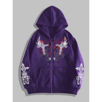 Dark Gothic Cross Zip-Up Hoodie Men Women Full Sleeve Thorn Print Loose Fit Streetwear XL