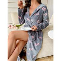 Autumn Winter Women's Velvet Sleep Robe Heart Print Cute Robes with Slash Warm Soft Fluffy Pyjamas Female Thick Loose Loungewear XL beige