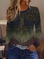 Women's Celtic Viking Sweatshirt Dark Green Gold Tree of Life Knot Print Long Sleeve Round Neck Casual Pullover Ethnic Top XL