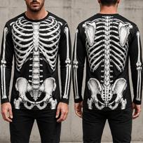 Men's Halloween Skeleton Rib Cage Print Long Sleeve T Shirt, Gothic Bone M white