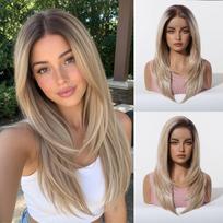 * HD large area lace wig medium black brown long straight hair fashion full hood lace Wig 1# black