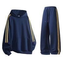 Men's Cross-Season Sports Suit: Autumn American Style, Grey Stripes, Couple's Trendy Set 2XL blue