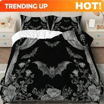 Customize 3pcs Duvet Cover Set, 1 Duvet+2 Pillowcases( Without Filler), Gothic Bat Floral Black Theme, Halloween Bedding Set, Lu EU Single(135x200cm)