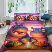 Hippopotamus Duvet Cover Set 3D Print Bedding Set, Soft Microfiber Duvet Cover with Zipper and Pillowcase For Boys/Girls Kids 100×135cm&Duvet Cover pink