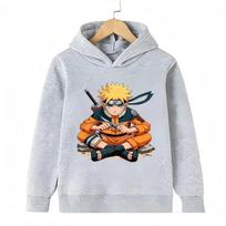 Kids Naruto Hoodie, Children  Drawstring Hooded Sweatshirt Chibi Uzumaki Naruto Graphic Print Casual Pullover Top Anime Clothes 150 gray