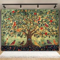 Large Tree of Life Wall Tapestry-Vibrant polyester fabric background with bird, flower and fruit design tapestry 100X70CM