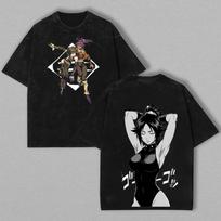 BLEACH Shihouin Yoruichi Anime Men Women Oversized T-shirts Short Sleeve Washed T Shirt Retro Cotton Tshirt Harajuku Tops M gray