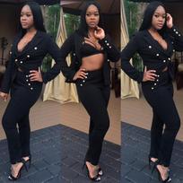 Black & White Nightclub Chic: Women's Sexy Casual Professional Buttoned Suit Set Small brown