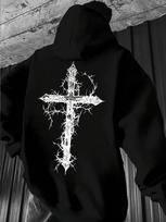 Men Back Print Hoodie, Gothic Thorn Cross Graphic Hooded Sweatshirt, Dark Religious Streetwear Casual Loose Pullover Hoodie L gray