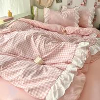 Pink Plaid 3 Piece Bedding Set Comfortable Duvet Cover Sheet And Pillowcase Combo For All Seasons 135x200cm 3pcs