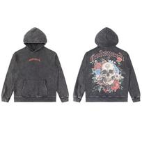 Godspeed Skull Hound Letter Washed Hoodie Unisex Streetwear Oversized Cotton Sweatshirt Teens Large gray