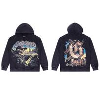 Godspeed Skull Hound Letter Washed Hoodie Unisex Streetwear Oversized Cotton Sweatshirt Teens XL gray
