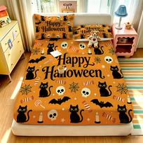 Halloween Black Cat Pumpkin Fitted Sheet 3PCS Set Happy Halloween Print Bedding Set 1 Fitted Sheet + 2 Pillowcases 180x200