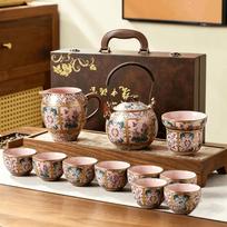 Ru kiln tea set teapot teacup tea set tea brewer household ceramic teapot complete tea set gift box Pink ru baihua teapot set