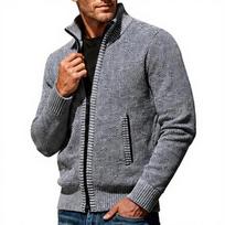 Men's Lined Long Sleeve Zip Up Sweater Cardigan with Stand Collar and Color Block Design L gray