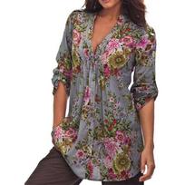 Elegant Bb Women Floral Print V-neck Big Size Tops Tunic For All Seasons 2XL,XXL gray