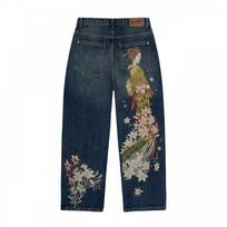 Y2K Vintage Cherry Blossom Embroidered Straight Leg Jeans Men High Stretch Denim Pants M black