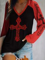 Plus Size Women's V-Neck Long Sleeve Cross Print T-Shirt Casual Loose Fit Top for Everyday Wear 4XL brown