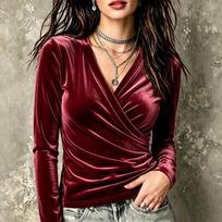 Women's Velvet V-Neck Long Sleeve T-Shirt with Cross Pleated Front for Casual Fall Wear L