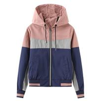 Womens Thin Hooded Windbreaker Color Block Long Sleeve Zip Drawstring Coat M