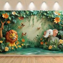 Majestic Jungle Wallpaper for Children's Room Lion Elephant Safari Animals Tropical Rainforest Wall Sticker Home Decoration Polyester 59x51.1inch/150*130cm