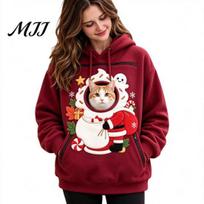 Holiday Pet Interaction Top Unisex Pouch Christmas Hoodie, Cute Dog Cat Carrier Hooded Sweatshirt with Cozy Fleece Pocket Graphic, Lined Animal Holder L black
