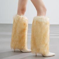 Women's pile socks imitation fur boot cover fluffy short socks cover autumn and winter plush leg cover long versatile fox hair shoe cover 15cm beige