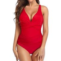 Solid Color Deep V Cross Chest Ruched Slimming Sexy One Piece Swimsuit For Beach L