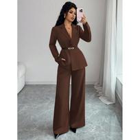 Womens 2026 Slim-Fit Tailored Blazer Wide-Leg Pants 2-Piece Set Office Chic Fall XL