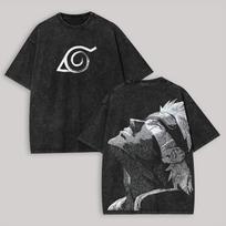 Kakashi Hatake T Shirt Naruto Men Acid Wash Back Print Konoha Anime Graphic Cotton Streetwear Sad Boy Vintage Bootleg Tee XL gray