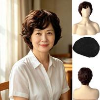 The whole wig, short straight hair, middle-aged and elderly wig cover, women's short hair, free mother wig, slightly curled fluffy natural headgear. black