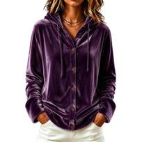 Soft Velvet Clothing Women Button Front Hoodie, Long Sleeve Hooded Jacket, Coat Loose Fit Casual Drawstring for Autumn Winter Lady Warm S black