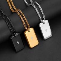 New Titanium Steel Carved Military Brand Corroded Cross with Engravable Words for Men All-match Necklace 60CM black