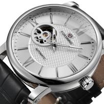 FORSINING Automatic Men Watch Big Case Open Heart Mechanical Elegant Leather Strap Male Business Dress Wristwatch Gift for Him gray