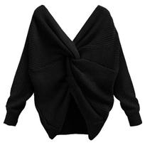 European Fashion Batwing Sleeve Knit Sweater with Cross Back Design for Women L black