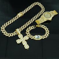 Luxury Hip-Hop Unisex Bling Quartz Rhinestone Iced Cross Pendant Necklace & Bracelet Watch Gift Set Pointer Dial Lightweight hip hop beige