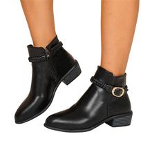 Women's Fashion Plus Size Woven Belt Side Zipper Round Toe Casual Boots 38 black