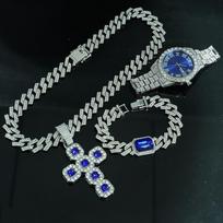Luxury Hip-Hop Unisex Bling Quartz Rhinestone Iced Cross Pendant Necklace & Bracelet Watch Gift Set Pointer Dial Lightweight hip hop gray