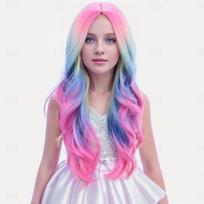 HAIRJOY Sintetiniai plaukai Spalvingos perukai Ilgas garbanotas banguotas perukas mergaitėms Vaikams Vaivorykštės perukas Spalvotas Cosplay vakarėlis Karnavalas Helovinas 26inches gray