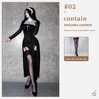 Sexy Nun Costume Role Play Outfit Polyester Black Dress Headscarf Necklace M gray