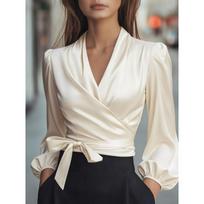 V-Neck Satin Blouse With Cross Tie Waist Detail Womens Elegant Long Sleeve Top Large