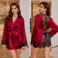 New Ice Silk Sexy Pajamas Women's Summer Home Clothes Lace Short Sleeprobe M brown