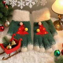 Warm Plush Christmas Tree Gloves Elastic Five-finger Gloves Stylish Kids Winter Gloves  Outdoor Adults Size red