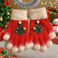 Warm Plush Christmas Tree Gloves Elastic Five-finger Gloves Stylish Kids Winter Gloves  Outdoor Kids Size raudona