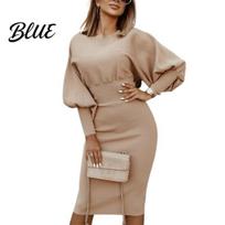 Party Dress Lady Puff Sleeve Slim-Fit Round Neck Cotton Blend Knee Length Office for Home 2XL beige