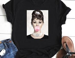 Audrey Hepburn Pink Bubble Gum Cotton White All Size Men Women T-Shirt CC1659 130 white