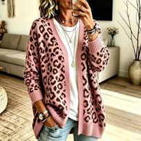 Women's Leopard Print Knit Cardigan V-Neck Loose Fit Mid-Length Casual XL black