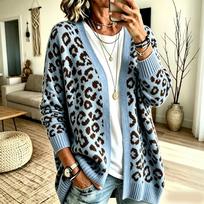 Women's Leopard Print Knit Cardigan V-Neck Loose Fit Mid-Length Casual M gray