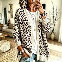 Women's Leopard Print Knit Cardigan V-Neck Loose Fit Mid-Length Casual XL black